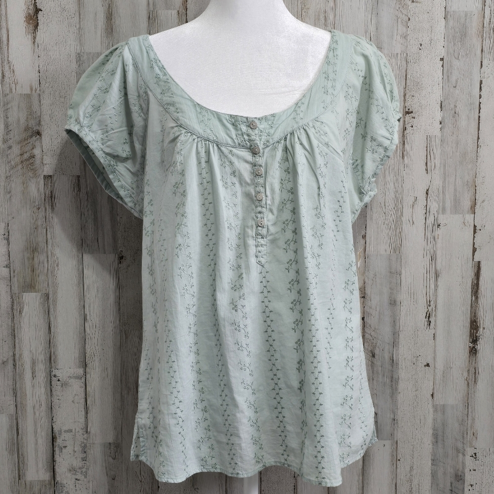 Vintage Quizz Again Green Floral Short Puff Sleeve Button Blouse Size Large